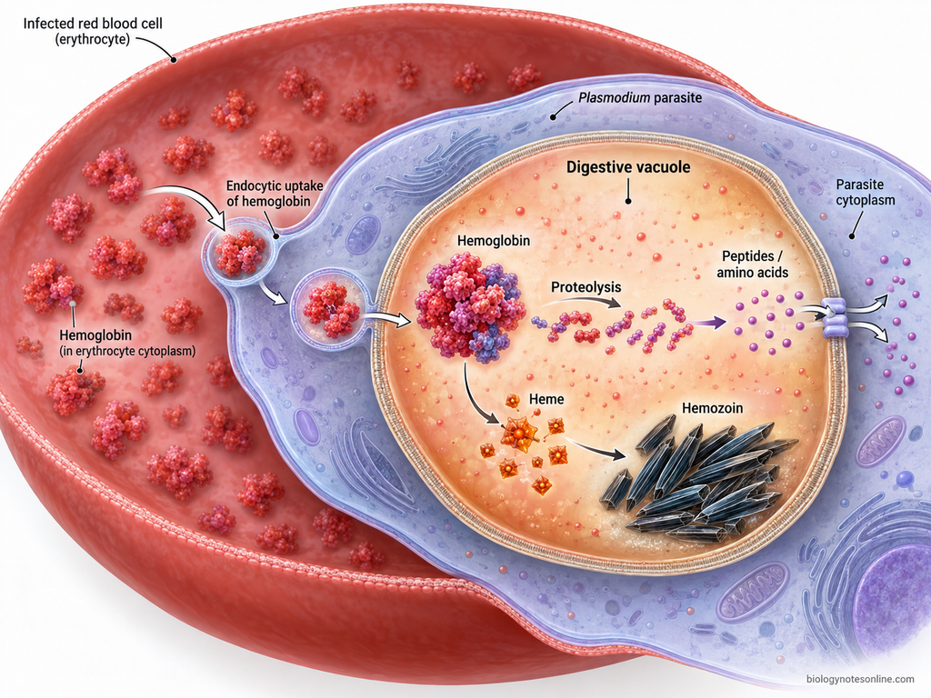 The Plasmodium digestive vacuole is a specialized lysosome-like compartment that degrades host hemoglobin while sequestering potentially toxic heme as crystalline hemozoin.