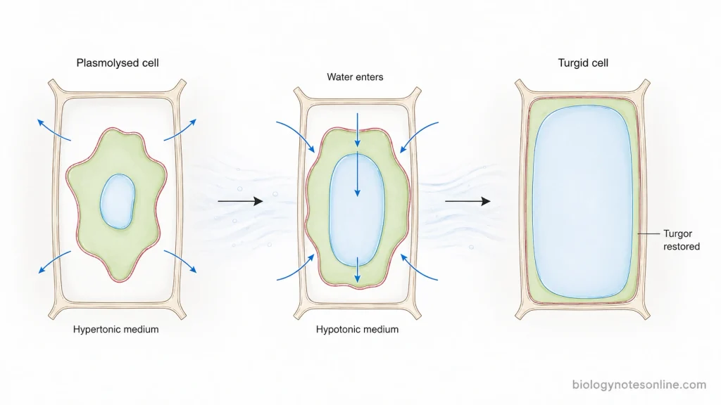 Plasmolysed plant cell taking up water during deplasmolysis as the vacuole expands and the protoplast returns toward the cell wall.