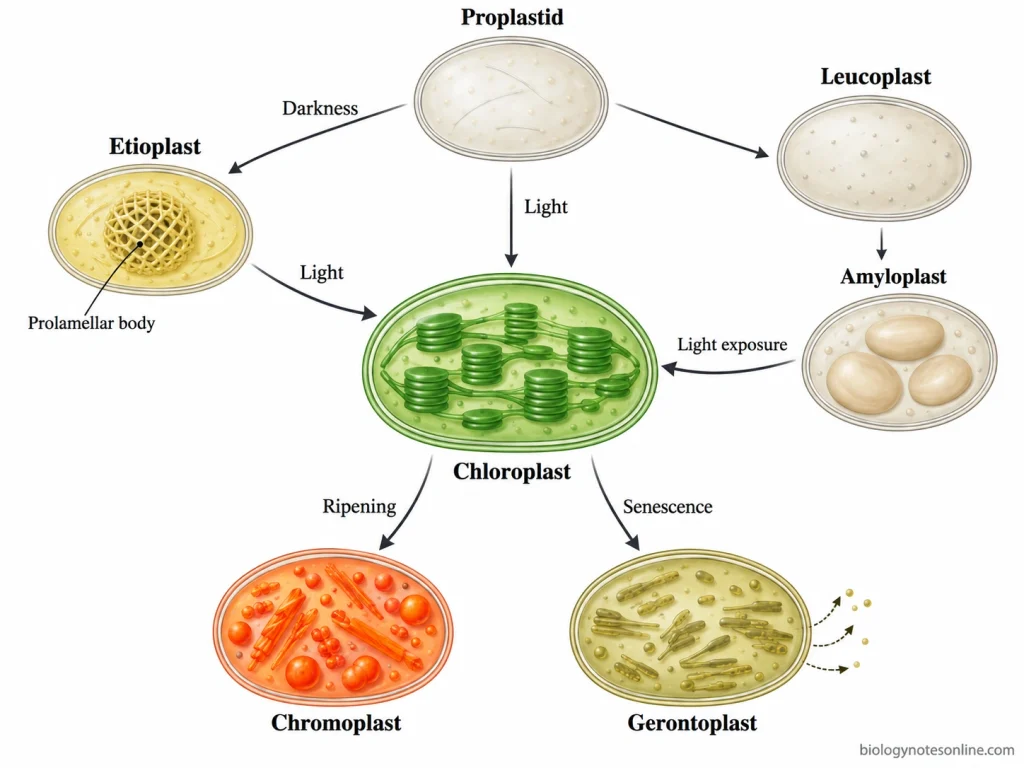 Developmental pathway showing proplastids forming chloroplasts, etioplasts and leucoplasts, with chloroplast-to-chromoplast and chloroplast-to-gerontoplast transitions.
