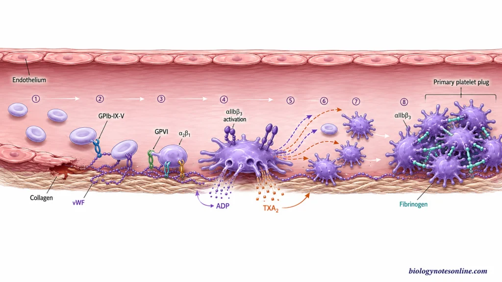 Platelets - Structure, Formation, Functions and Role in Blood Clotting 3 Primary hemostasis showing platelet adhesion to collagen-bound von Willebrand factor, platelet activation and granule release, recruitment of additional platelets, and fibrinogen-mediated aggregation.