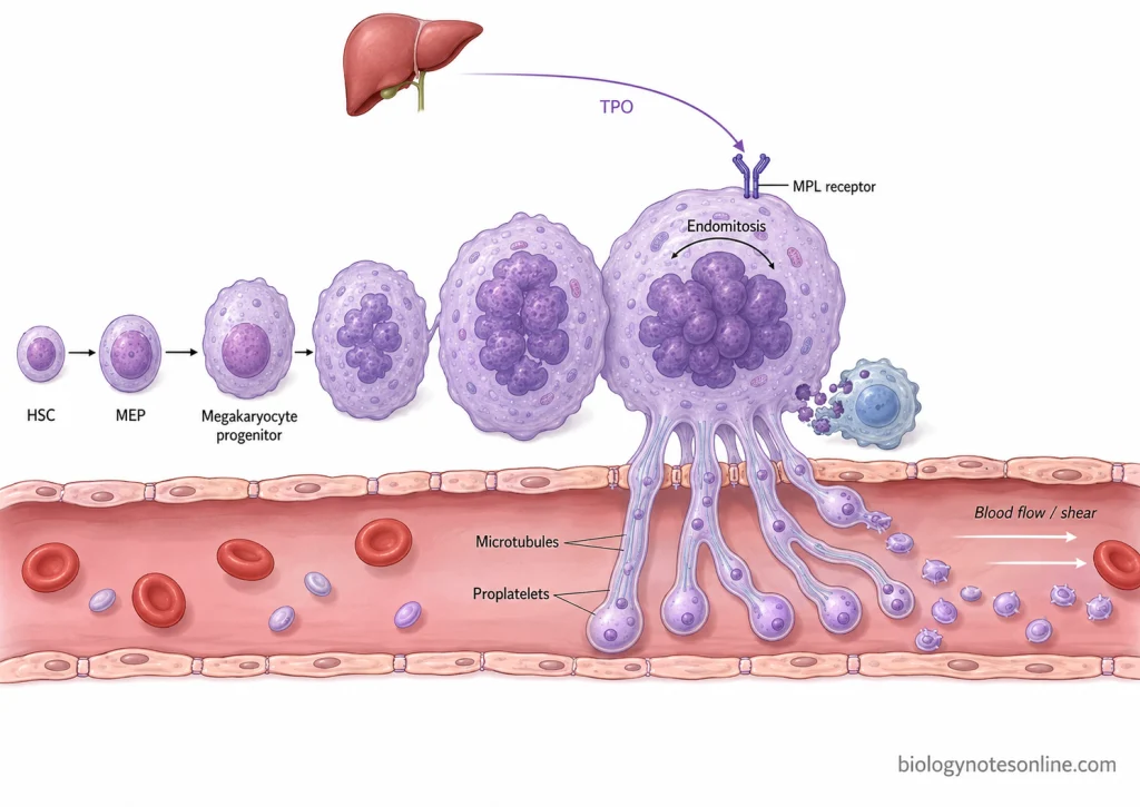 Platelets - Structure, Formation, Functions and Role in Blood Clotting 1 Thrombopoiesis showing hematopoietic progenitors developing into a polyploid megakaryocyte that extends proplatelets into a bone-marrow sinusoid and releases circulating platelets.