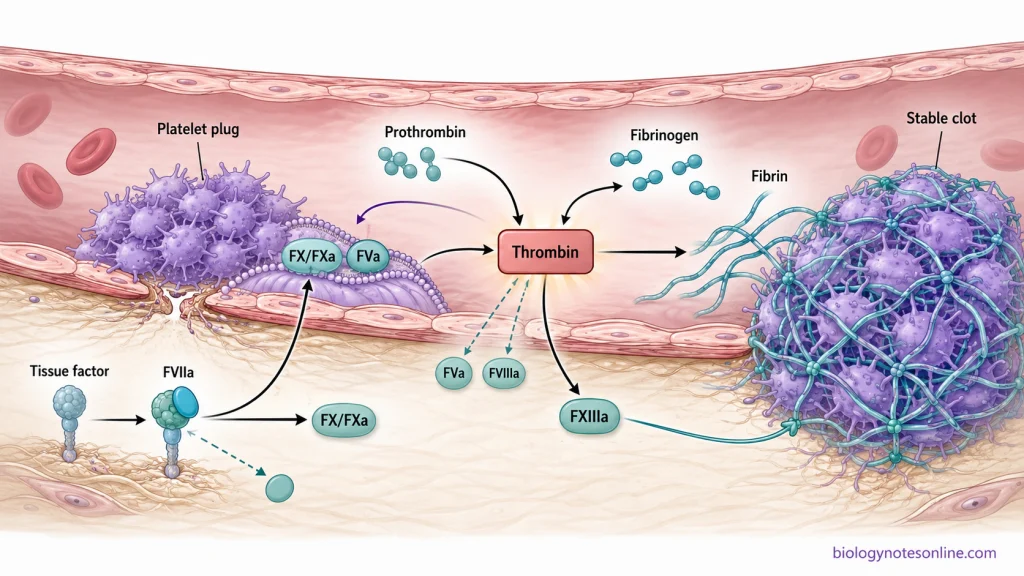 Platelets - Structure, Formation, Functions and Role in Blood Clotting 4 Hemostasis diagram showing tissue factor–initiated thrombin generation, coagulation reactions on activated platelet surfaces, conversion of fibrinogen to fibrin and cross-linking of fibrin around the platelet plug.