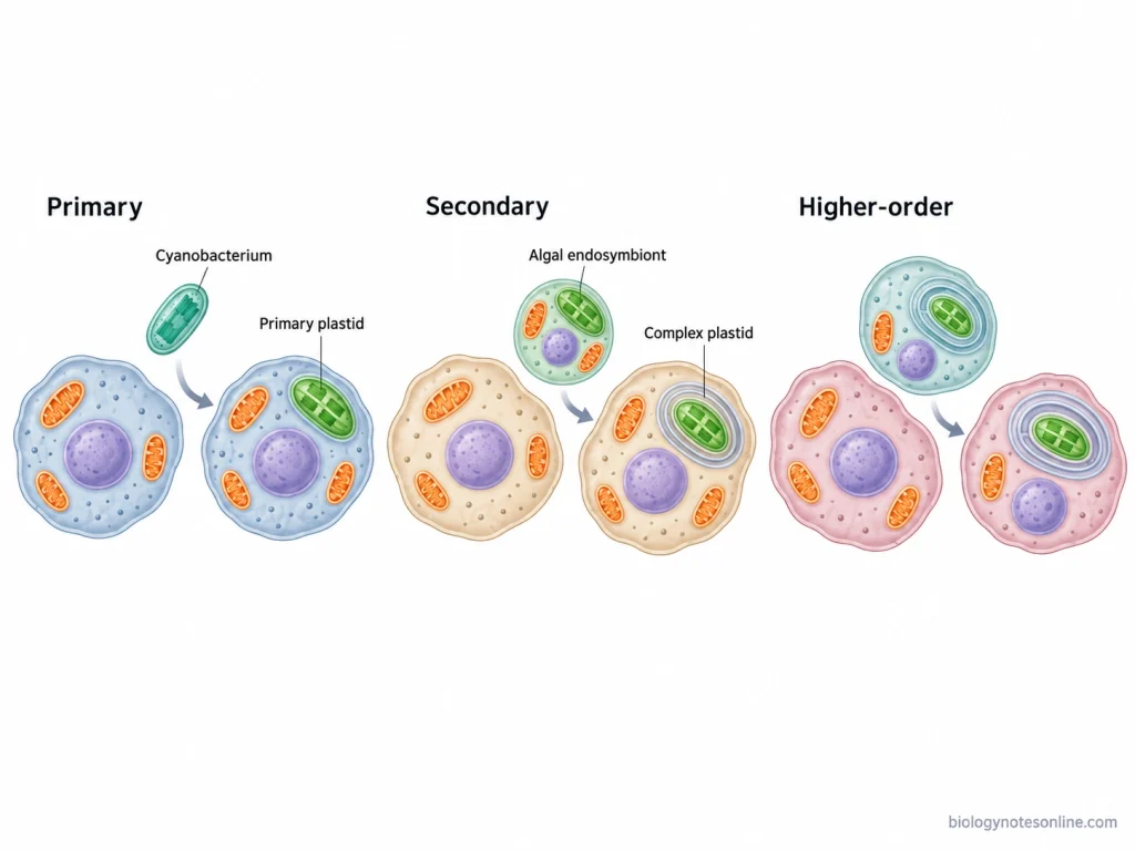 Diagram comparing primary endosymbiosis of a cyanobacterium with secondary and higher-order endosymbiosis involving plastid-bearing eukaryotic algae.