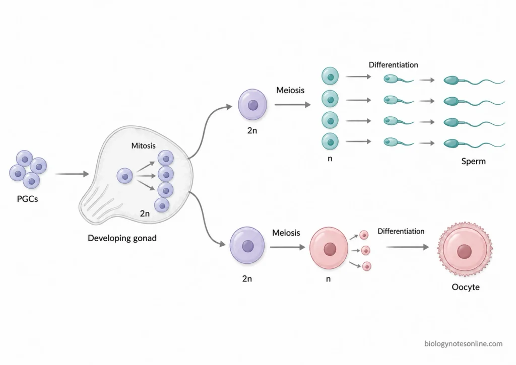 Gametogenesis: Definition, Process, Spermatogenesis and Oogenesis 1 Developmental pathway showing primordial germ cells undergoing mitosis, meiosis, and differentiation into haploid sperm and oocytes.