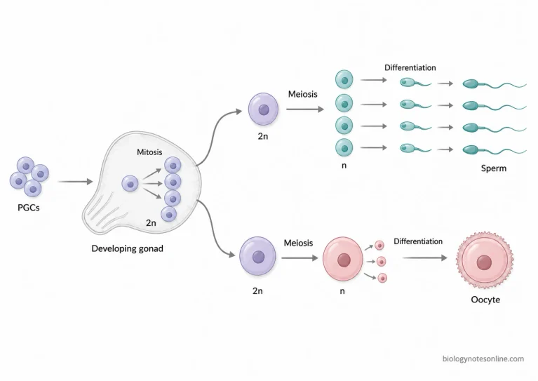 Developmental pathway showing primordial germ cells undergoing mitosis, meiosis, and differentiation into haploid sperm and oocytes.