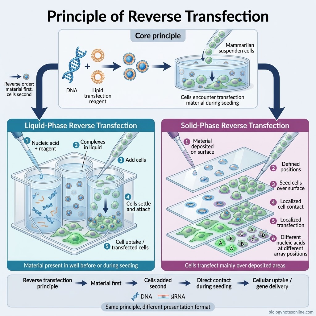 Reverse Transfection: Principle, Protocol, Steps & Applications 2 Diagram showing Principle of Reverse Transfection