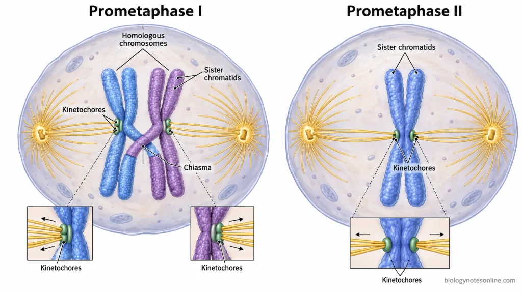Comparison of prometaphase I and II showing co-oriented sister kinetochores during meiosis I and opposite kinetochore orientation during meiosis II.