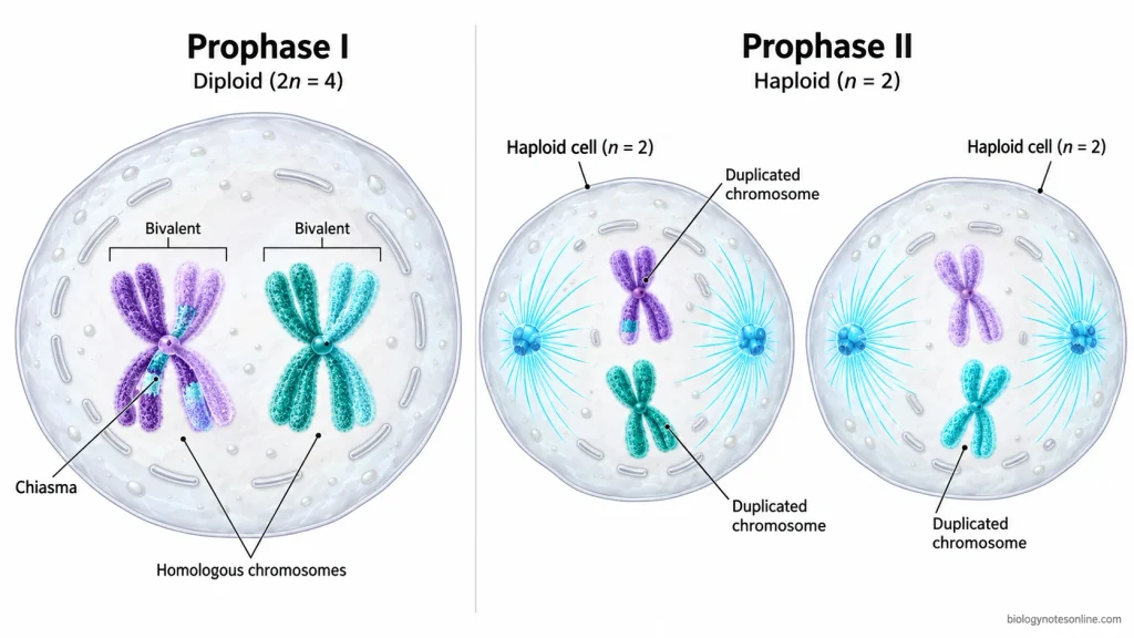 Prophase II: Definition, Events, Diagram and Differences 2 Comparison of a diploid cell in prophase I containing paired homologous chromosomes and two haploid cells in prophase II containing individual duplicated chromosomes.