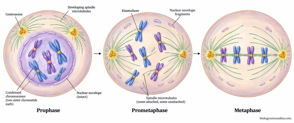 Three-stage mitosis comparison showing an intact nuclear envelope in prophase, spindle attachment during prometaphase and aligned chromosomes in metaphase.