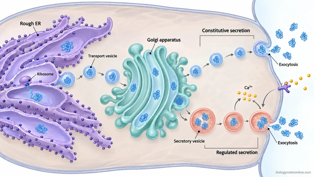 Cellular protein secretion pathway showing transport from the rough ER through the Golgi apparatus and release through constitutive or regulated exocytosis.