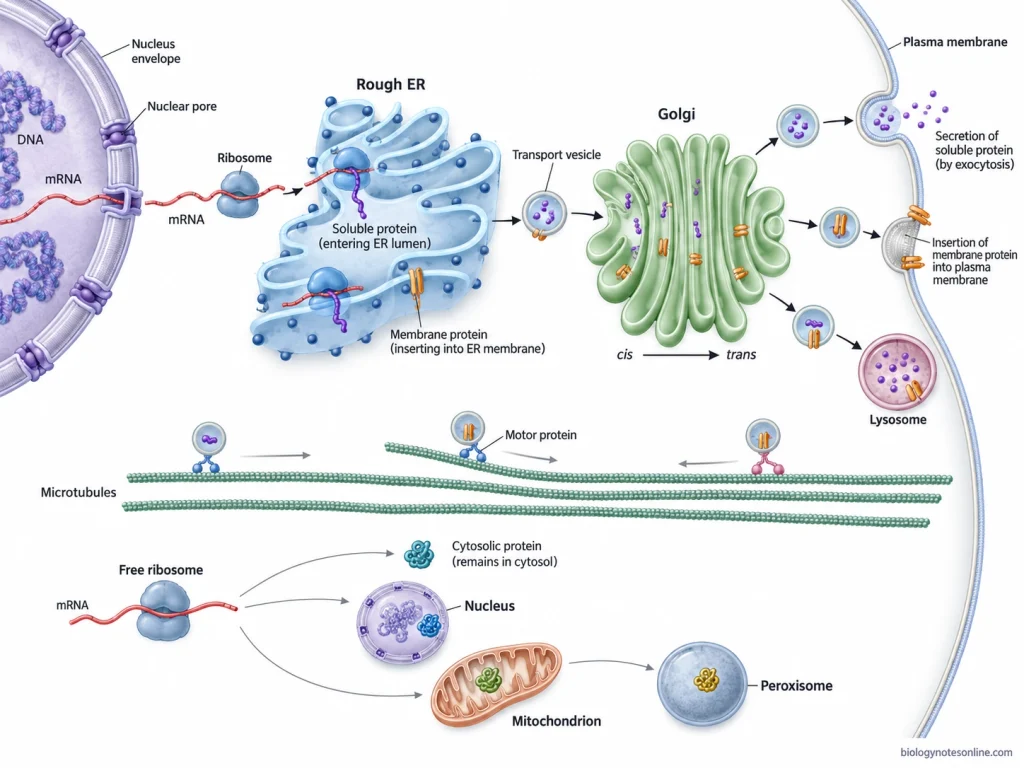 Protein-trafficking pathway showing mRNA export, rough ER synthesis, vesicular transport through the Golgi and delivery to the plasma membrane, lysosome or extracellular space.