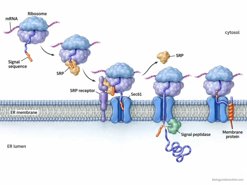 SRP directs a ribosome with an ER signal sequence to the SRP receptor and Sec61 translocon, allowing the growing protein to enter the ER lumen or membrane.