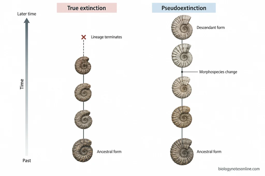 Evolutionary lineage comparison showing true extinction as complete lineage termination and pseudoextinction as disappearance of an ancestral morphospecies while the lineage continues into a descendant form.