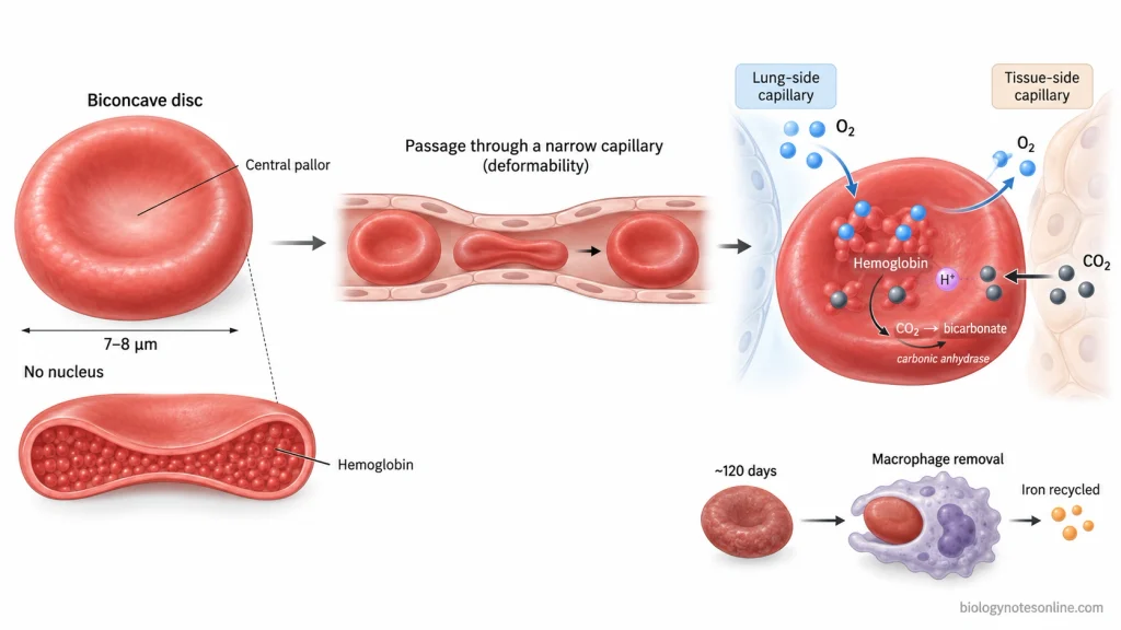 Biconcave red blood cell showing central pallor, deformability in a capillary, hemoglobin-mediated oxygen transport, and carbon dioxide handling.