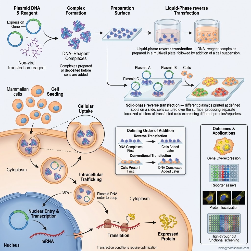 Reverse Transfection: Principle, Protocol, Steps & Applications 6 diagram showing Reverse Transfection of Plasmid DNA