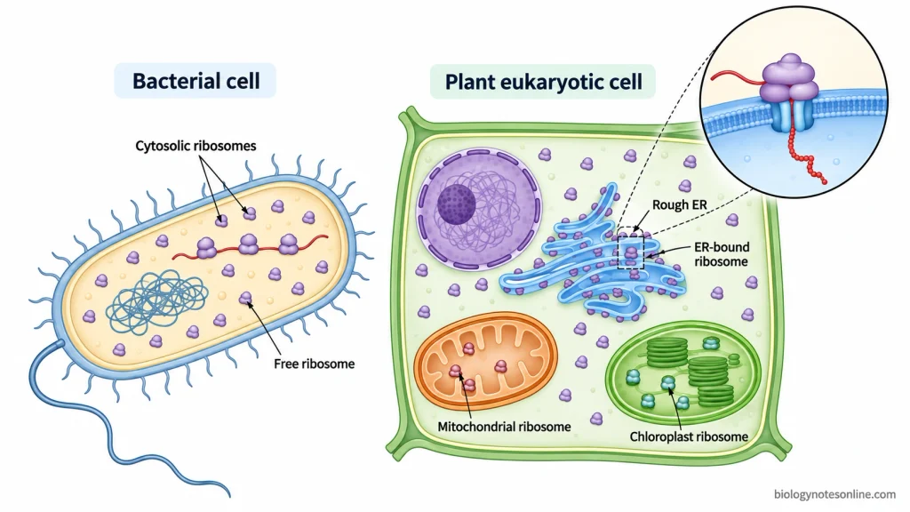 Ribosome locations in a bacterial and eukaryotic cell, including free cytosolic ribosomes, rough-ER-bound ribosomes, mitochondrial ribosomes and chloroplast ribosomes.