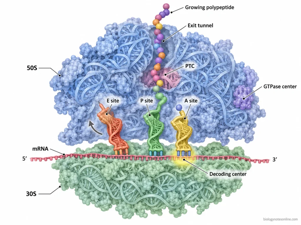 Bacterial 70S ribosome showing 30S and 50S subunits, mRNA, A, P and E tRNA sites, decoding center, peptidyl transferase center and polypeptide exit tunnel.
