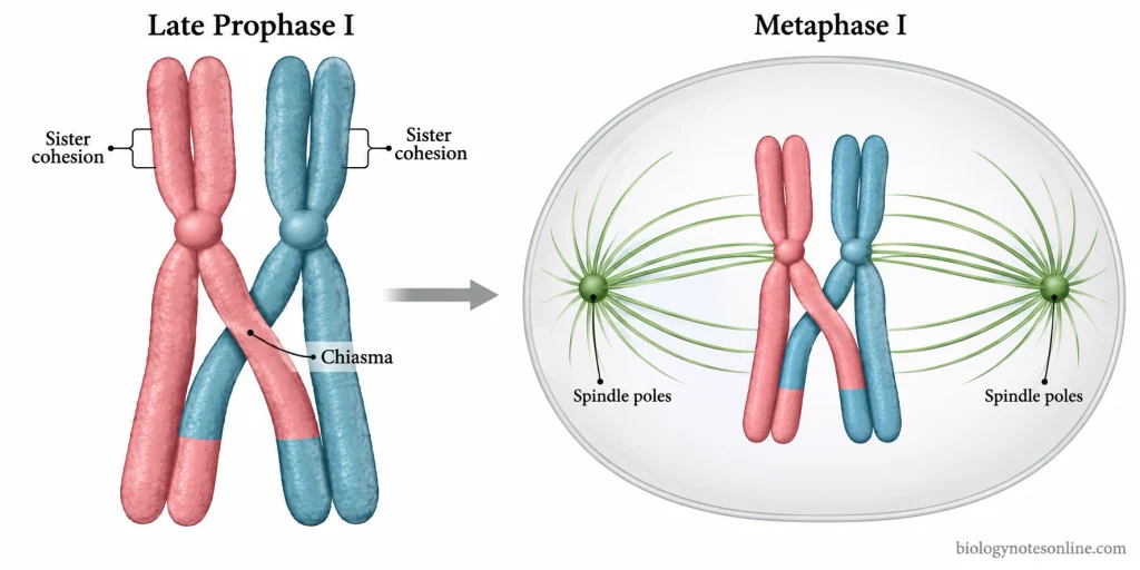 Chiasmata maintain connections between replicated homologous chromosomes in late Prophase I and support their orientation towards opposite spindle poles at metaphase I.