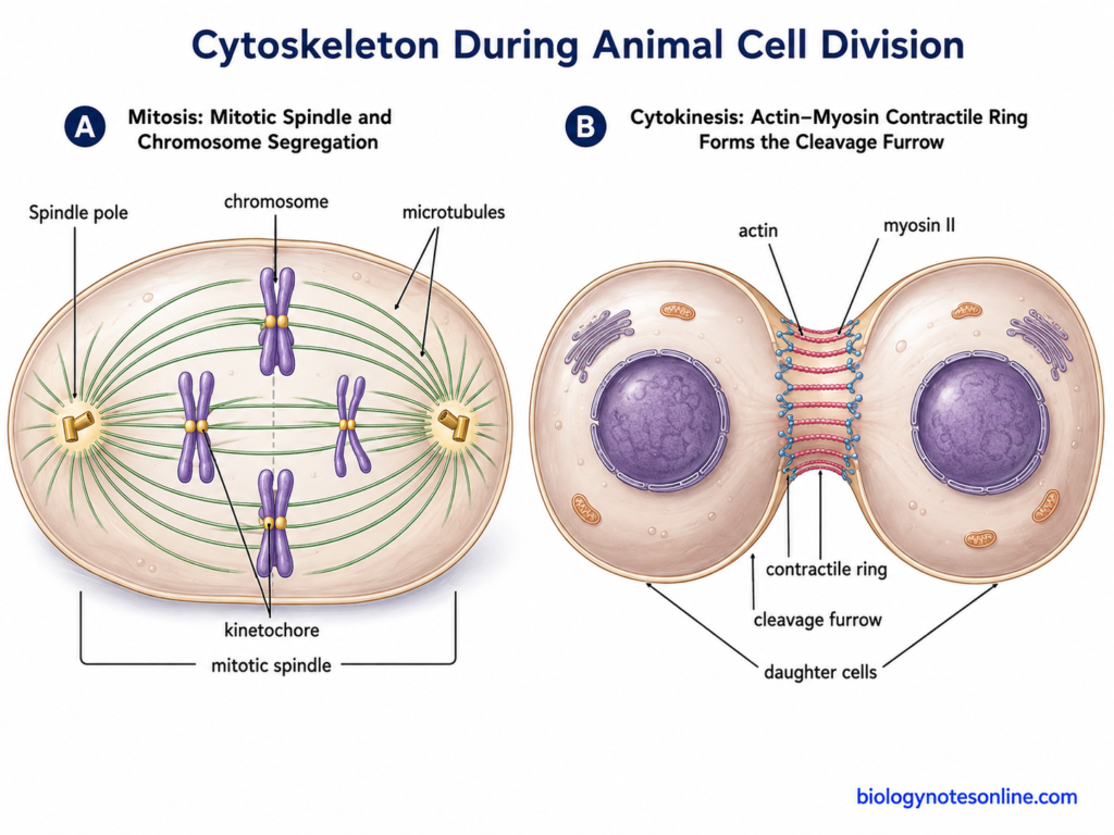 Microtubule mitotic spindle separating chromosomes and an actin–myosin ring forming the cleavage furrow during animal cell division.