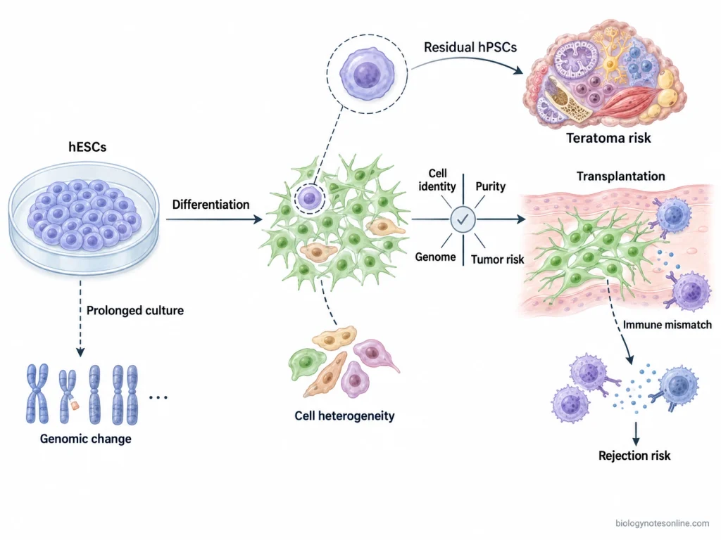 ESC-derived cell therapy workflow showing residual pluripotent cells and teratoma risk, heterogeneous differentiation, possible genomic changes during culture, and immune rejection after transplantation.