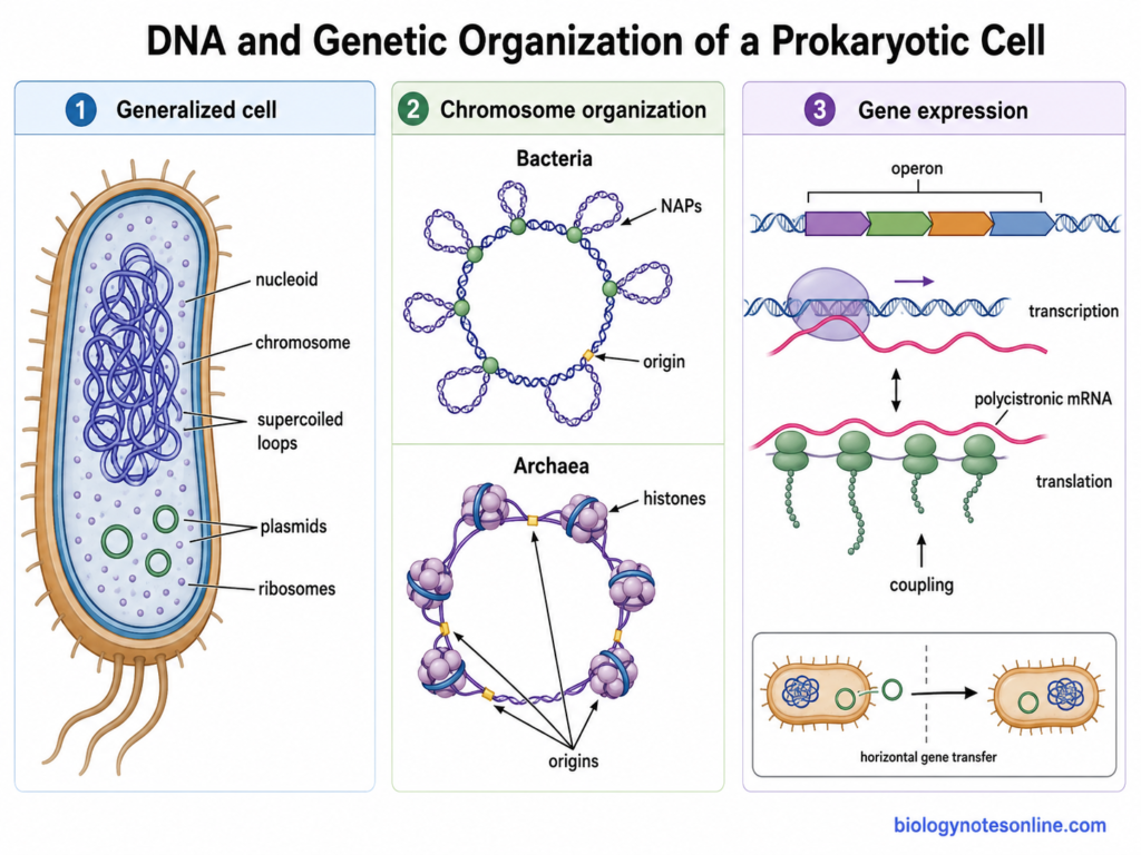 Schematic diagram showing DNA and Genetic Organization of a Prokaryotic Cell