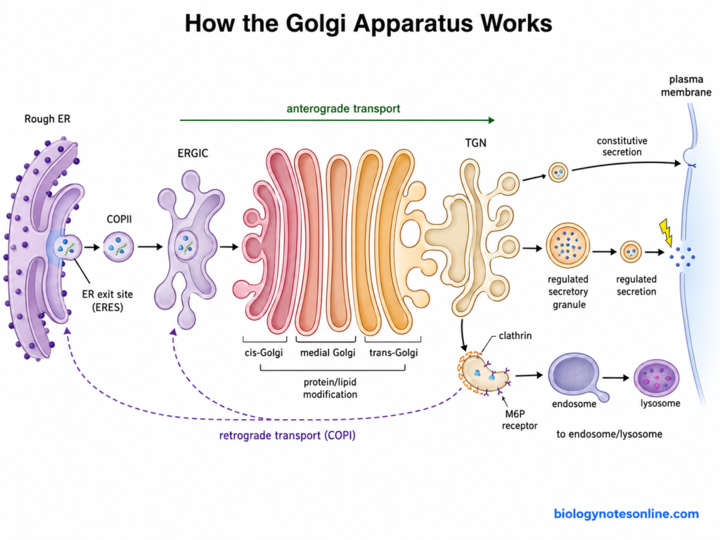 Schematic diagram showing How Does the Golgi Apparatus Work