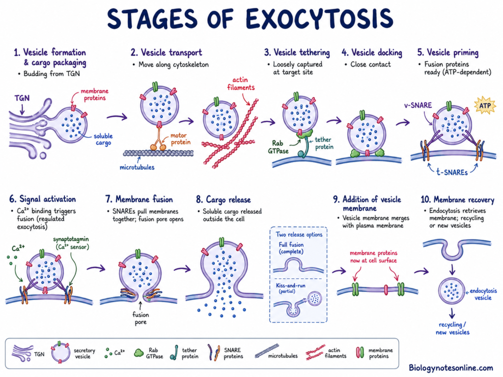 Schematic diagram showing Stages of Exocytosis