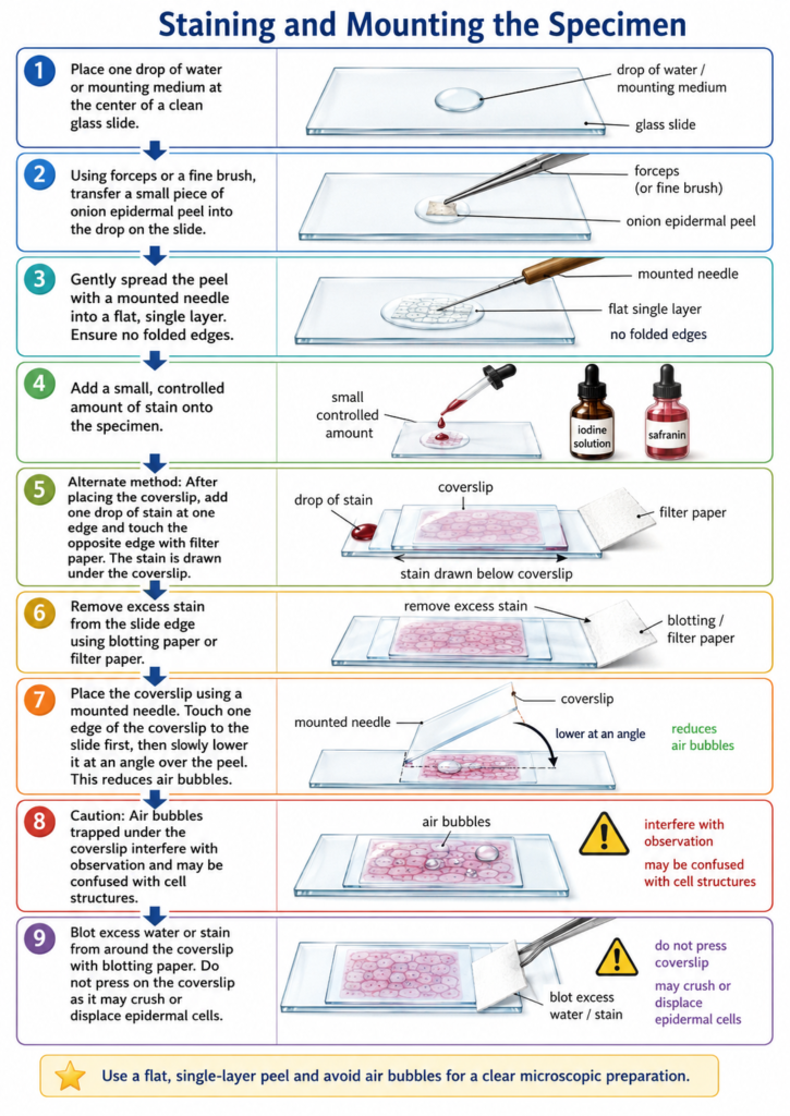 Schematic diagram showing Staining and Mounting procedure of onion peel