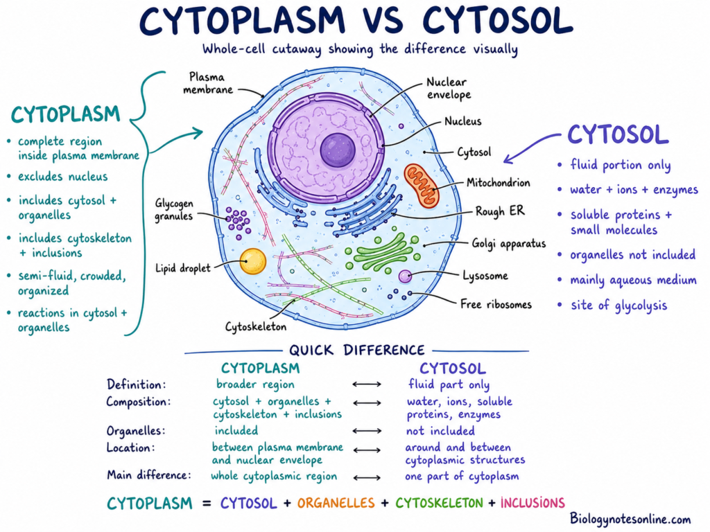 Schematic labelled diagram showing Cytoplasm vs Cytosol