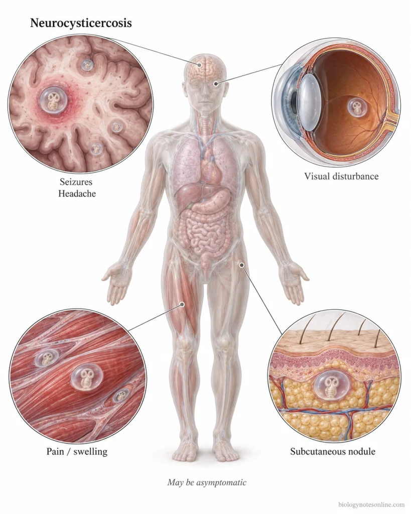Cysticercosis: Causes, Symptoms, Diagnosis and Treatment 3 Human anatomical overview showing cysticerci in the brain, eye, skeletal muscle and subcutaneous tissue with major site-specific manifestations.