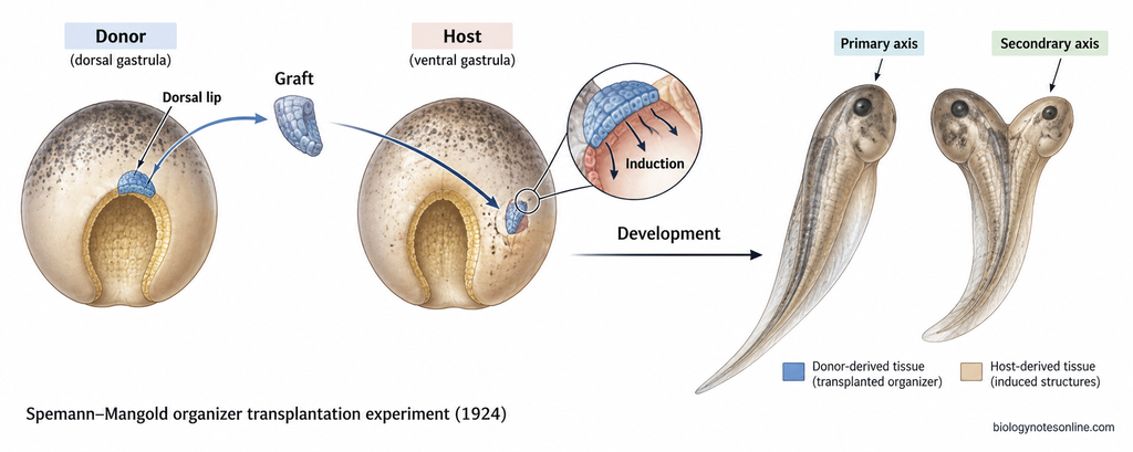 Dorsal blastopore-lip tissue transplanted from a donor amphibian gastrula to the ventral side of a host gastrula induces formation of a secondary embryonic axis.