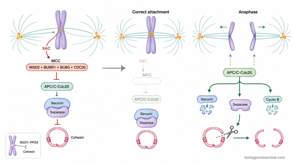 Mitosis - Definition, Stages, Process, and Importance 5 Molecular pathway showing how an active spindle assembly checkpoint inhibits APC/C-Cdc20 and separase until correct chromosome attachment allows cohesin cleavage and anaphase.
