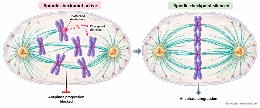 Two cellular states illustrating checkpoint activation by an unattached kinetochore and checkpoint silencing after kinetochore-microtubule attachment.