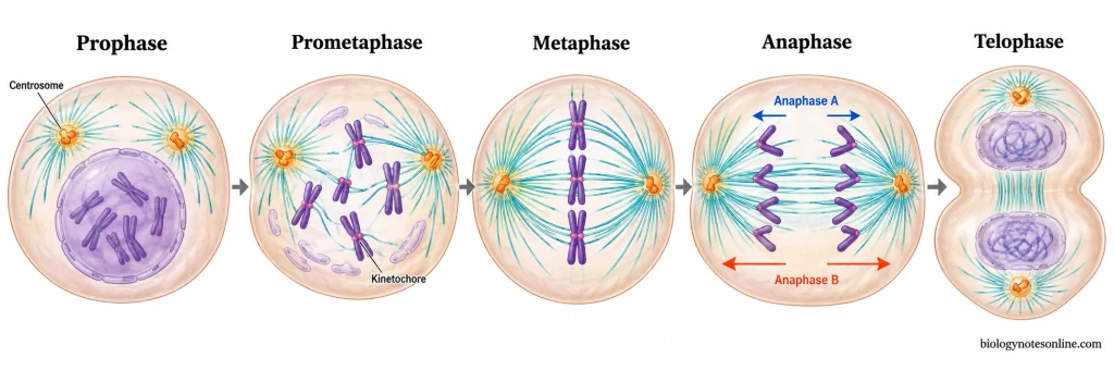 Five-stage illustration showing spindle formation in prophase, chromosome attachment in prometaphase, alignment in metaphase, separation in anaphase, and spindle disassembly in telophase.