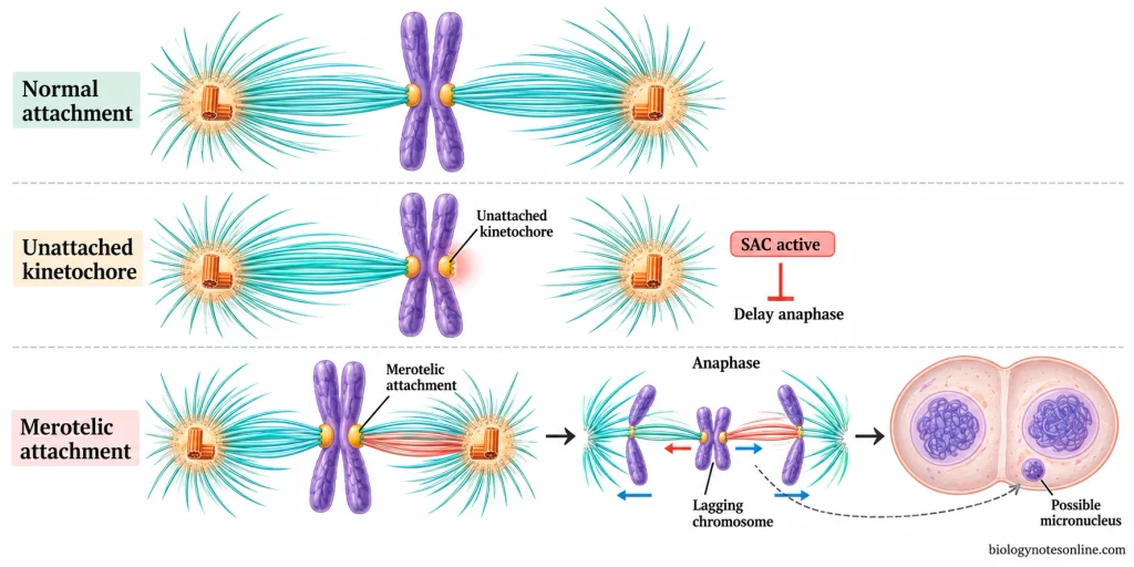 Comparison of normal chromosome attachment, an unattached kinetochore activating the spindle checkpoint, and merotelic attachment that can produce a lagging chromosome and micronucleus.