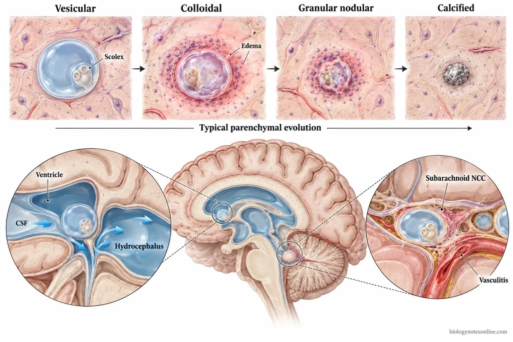 Cysticercosis: Causes, Symptoms, Diagnosis and Treatment 4 Parenchymal neurocysticercosis progressing from vesicular to colloidal, granular nodular and calcified lesions, with ventricular and subarachnoid complications shown separately.