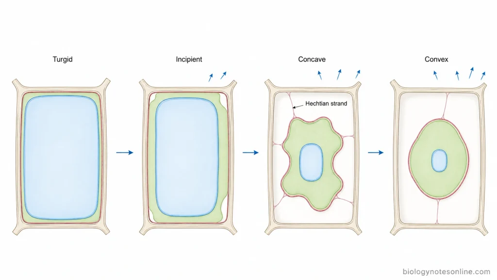 Progression from a turgid plant cell through incipient, concave, and convex plasmolysis, showing increasing protoplast withdrawal and decreasing vacuole size.