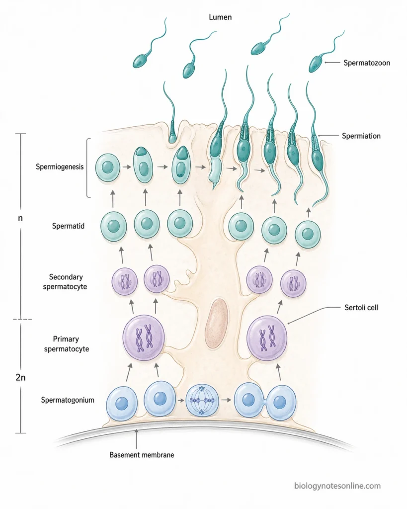 Gametogenesis: Definition, Process, Spermatogenesis and Oogenesis 2 Spermatogenesis diagram showing spermatogonia developing through spermatocytes and spermatids into spermatozoa from the basement membrane toward the seminiferous-tubule lumen.