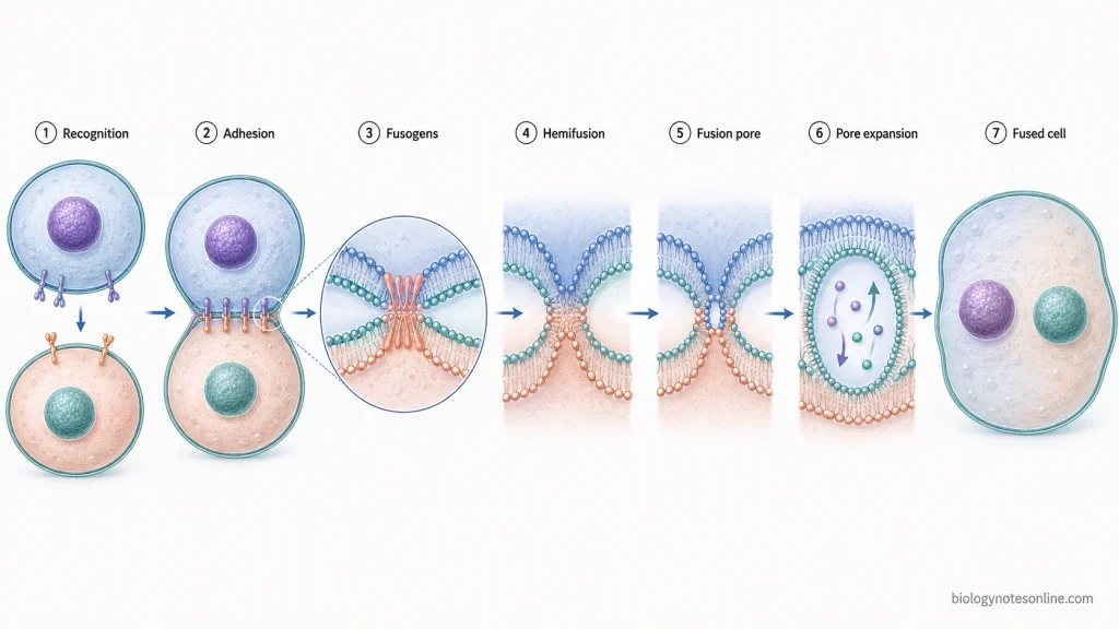 Seven stages of cell fusion showing recognition, adhesion, fusogen activation, hemifusion, fusion-pore formation, pore expansion, and a fused cell.