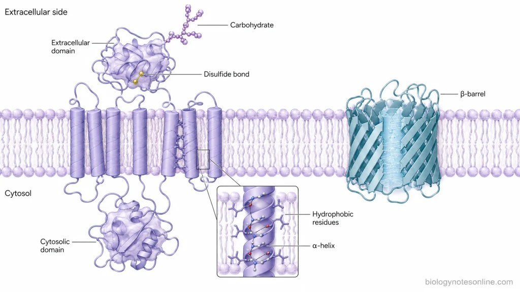 Lipid bilayer containing an α-helical transmembrane protein and a β-barrel protein, with hydrophobic membrane regions, hydrophilic domains, extracellular carbohydrate chains, and a disulfide bond.