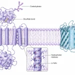 Lipid bilayer containing an α-helical transmembrane protein and a β-barrel protein, with hydrophobic membrane regions, hydrophilic domains, extracellular carbohydrate chains, and a disulfide bond.