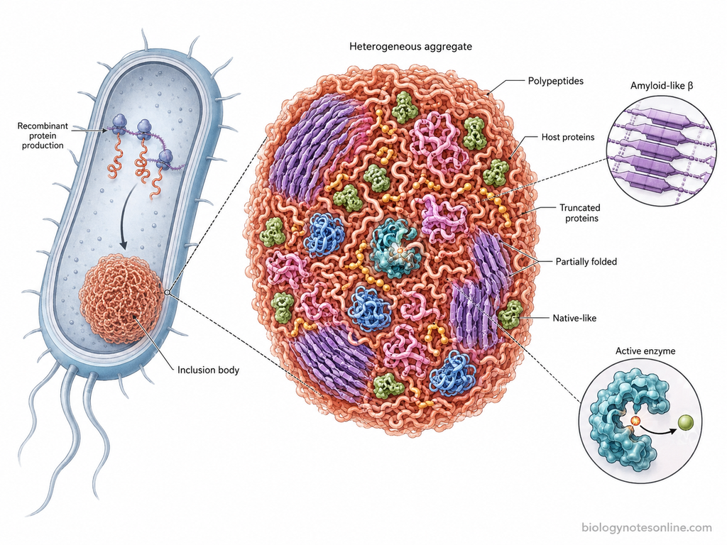 Labelled diagram showing Structure and Composition of Recombinant Protein Inclusion Bodies