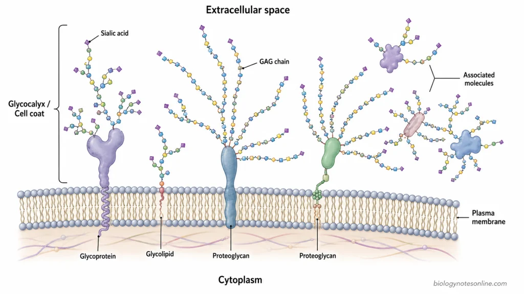 Cross-section of an animal-cell plasma membrane showing extracellular glycoproteins, glycolipids, proteoglycans, GAG chains and associated molecules forming the carbohydrate-rich glycocalyx.