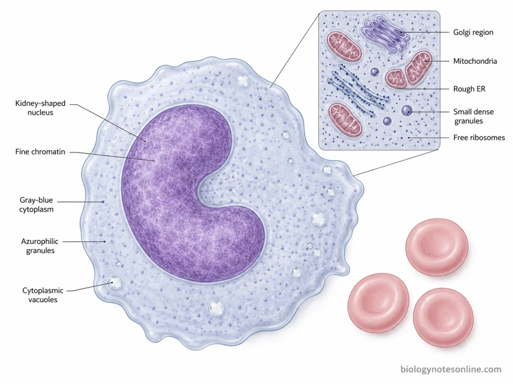 Human monocyte showing an indented kidney-shaped nucleus, gray-blue cytoplasm, fine azurophilic granules, vacuoles, and major cytoplasmic organelles.