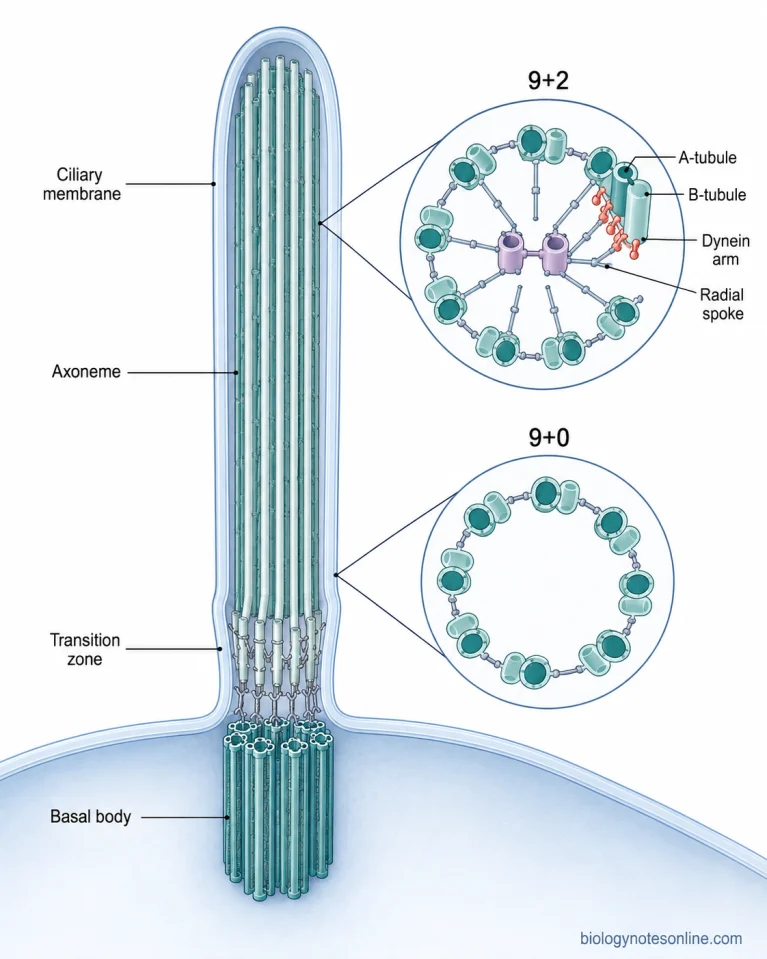 Longitudinal cilium showing the membrane, transition zone, basal body and axoneme, with cross-sections comparing 9+2 and 9+0 microtubule arrangements.