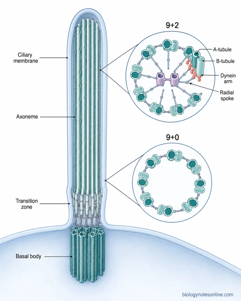 Longitudinal cilium showing the membrane, transition zone, basal body and axoneme, with cross-sections comparing 9+2 and 9+0 microtubule arrangements.