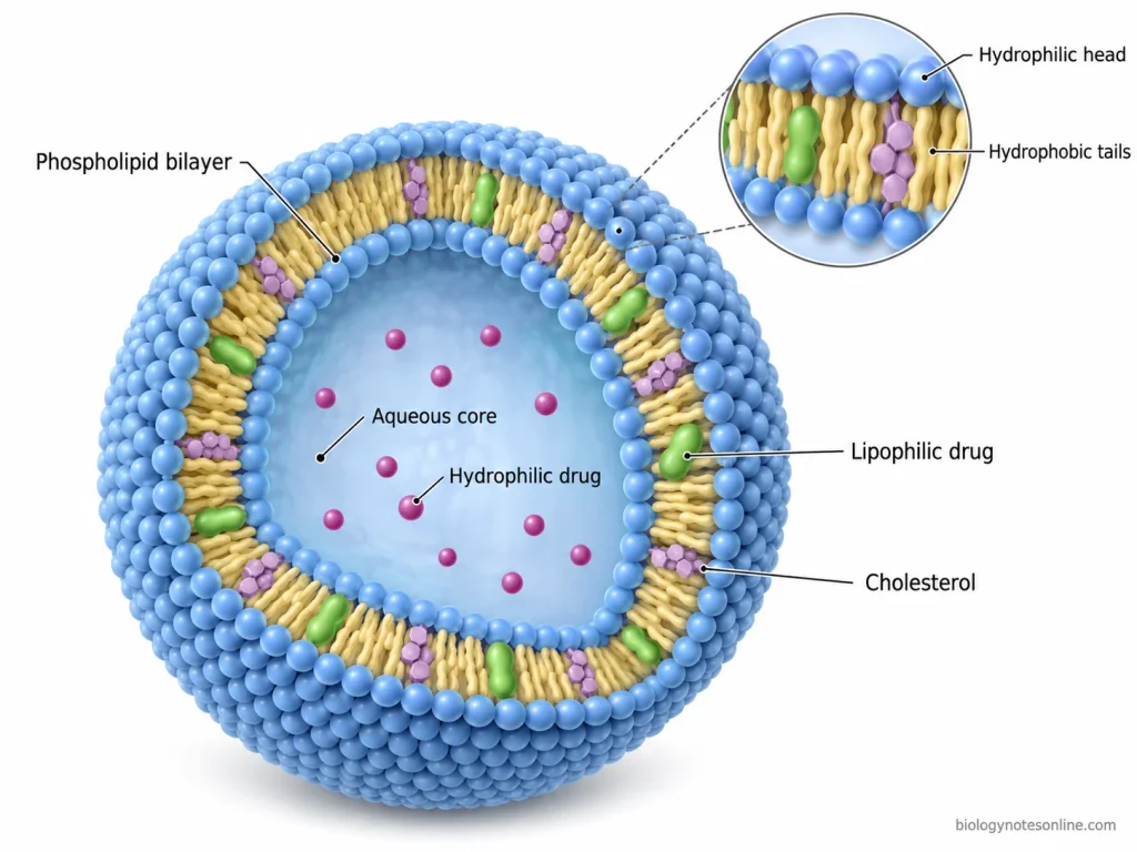 Cutaway structure of a liposome showing its phospholipid bilayer, aqueous core, cholesterol and locations of hydrophilic and lipophilic drugs.