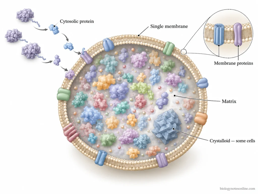 Peroxisomes: Definition, Structure, Functions and Biogenesis 2 Cutaway diagram of a peroxisome showing its single membrane, enzyme-rich matrix, membrane proteins, and optional crystalloid structure.