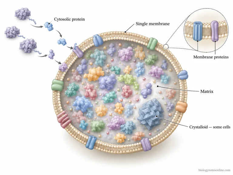 Cutaway diagram of a peroxisome showing its single membrane, enzyme-rich matrix, membrane proteins, and optional crystalloid structure.