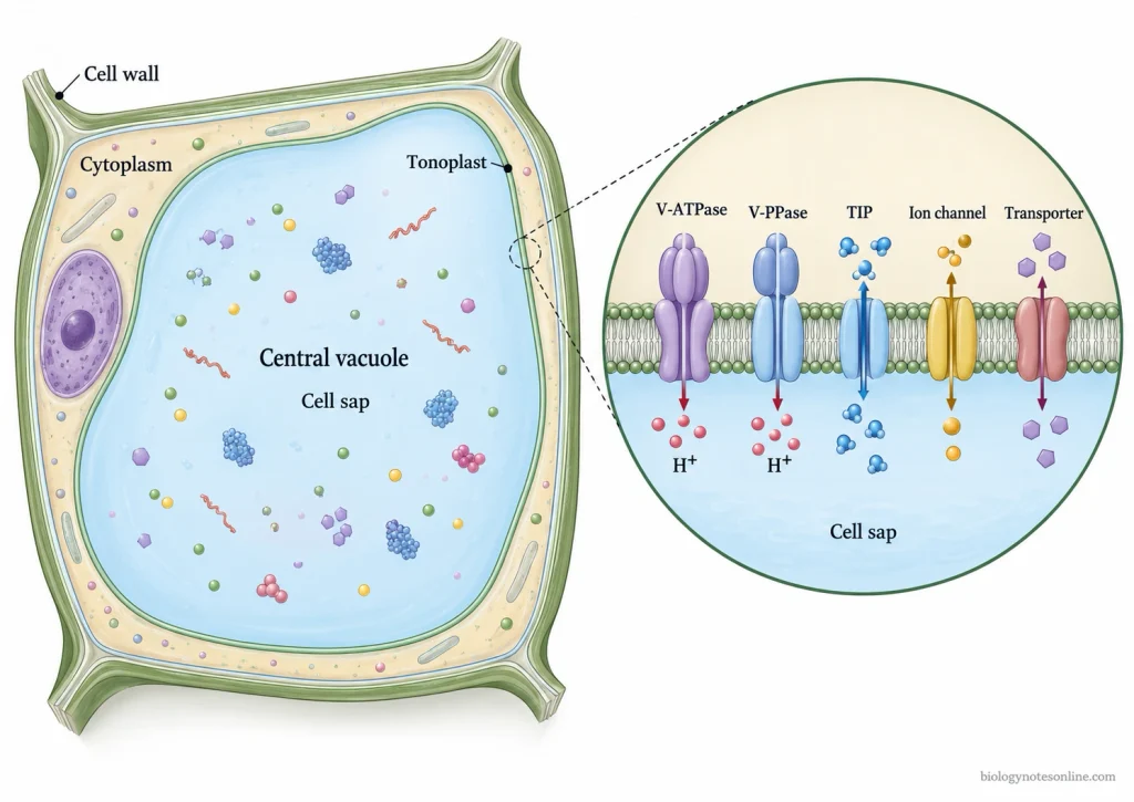 Plant cell with a large central vacuole and magnified tonoplast showing V-ATPase, V-PPase, TIPs, ion transporters, cell sap, and proton movement.